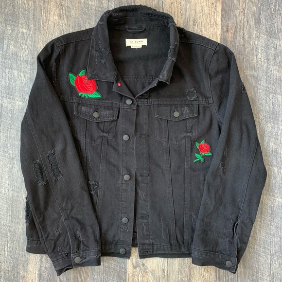 Cisono Jackets & Blazers - Black distressed denim jacket with rose patches